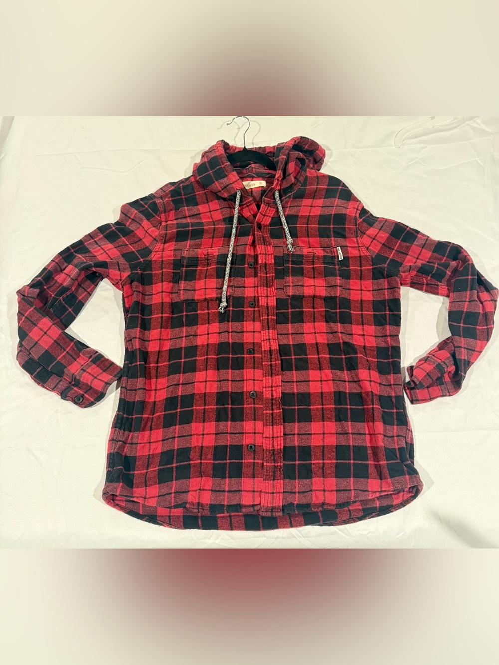 Hollister Red Black Buffalo Plaid Hooded Flannel Shirt Button Up Shacket XL Cozy